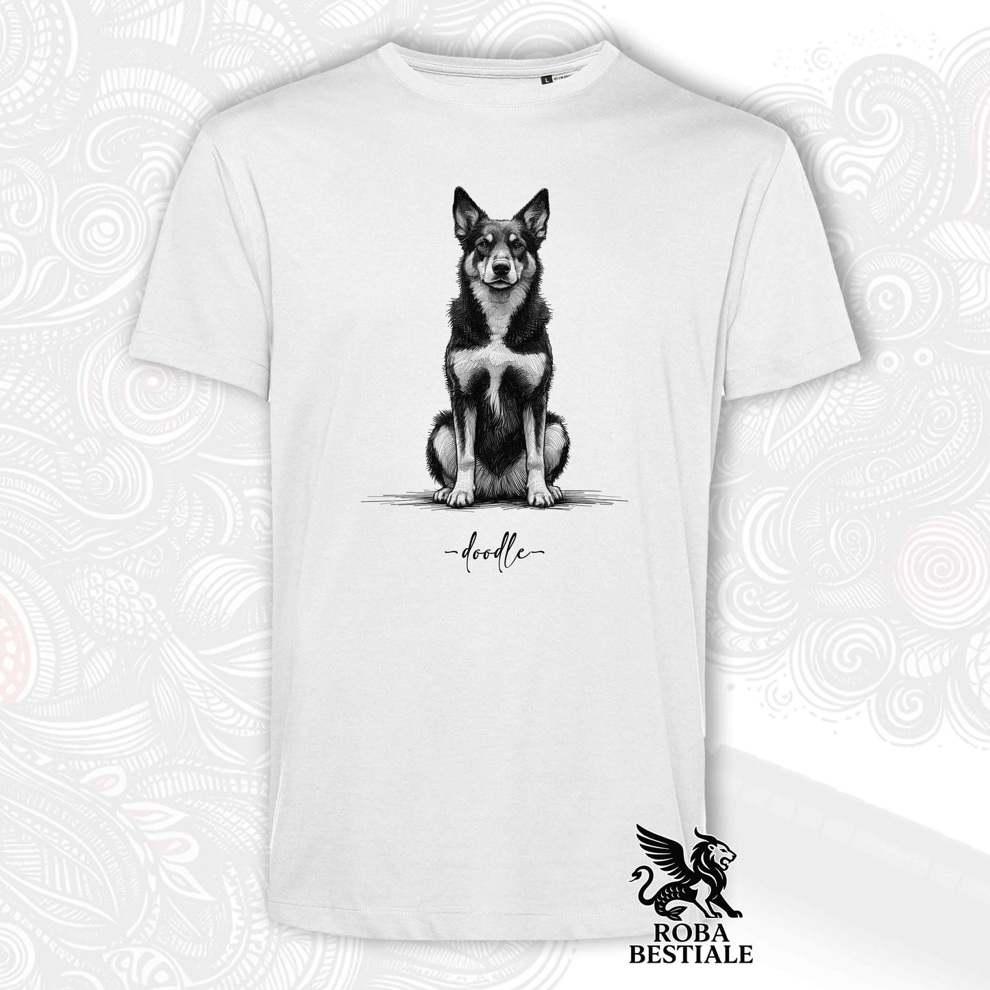T-Shirt DOODLE - AUSTRALIAN KELPIE - Bianca o Beige, da Uomo o da Donna - dalla XS alla 5XL