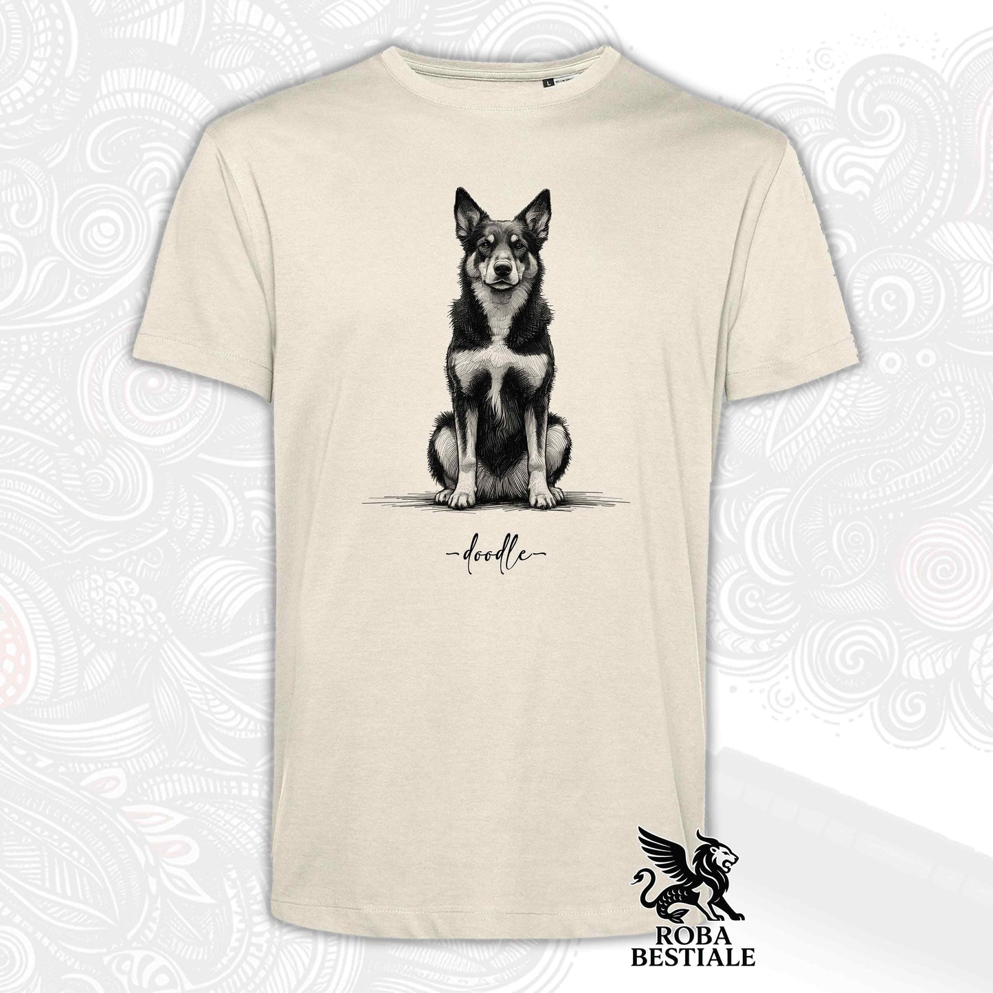 T-Shirt DOODLE - AUSTRALIAN KELPIE - Bianca o Beige, da Uomo o da Donna - dalla XS alla 5XL