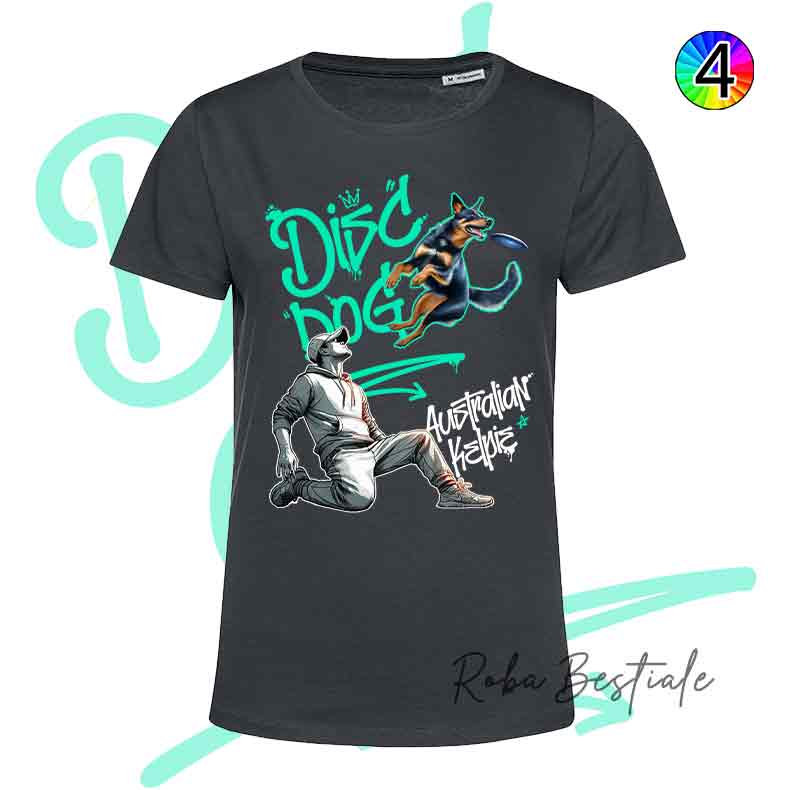 T-Shirt NERA Disc Dog GRAFFITI - AUSTRALIAN KELPIE Black & Tan - Design "BOY" - Dettagli in 4 colori!