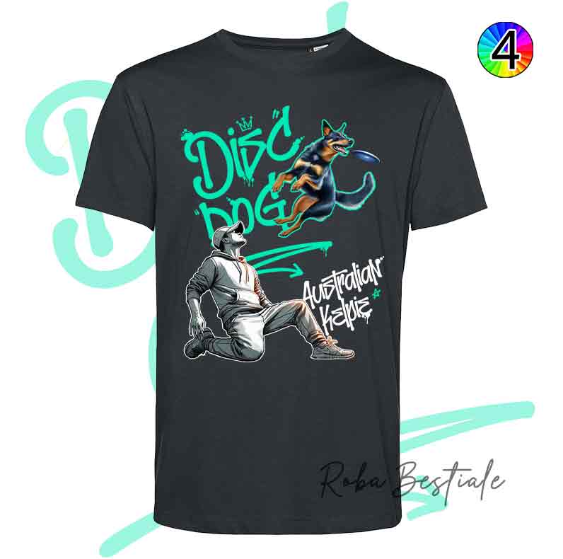 T-Shirt NERA Disc Dog GRAFFITI - AUSTRALIAN KELPIE Black & Tan - Design "BOY" - Dettagli in 4 colori!