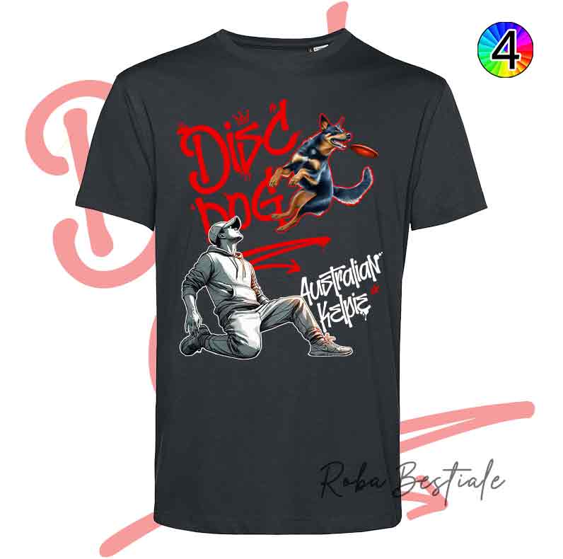 T-Shirt NERA Disc Dog GRAFFITI - AUSTRALIAN KELPIE Black & Tan - Design "BOY" - Dettagli in 4 colori!