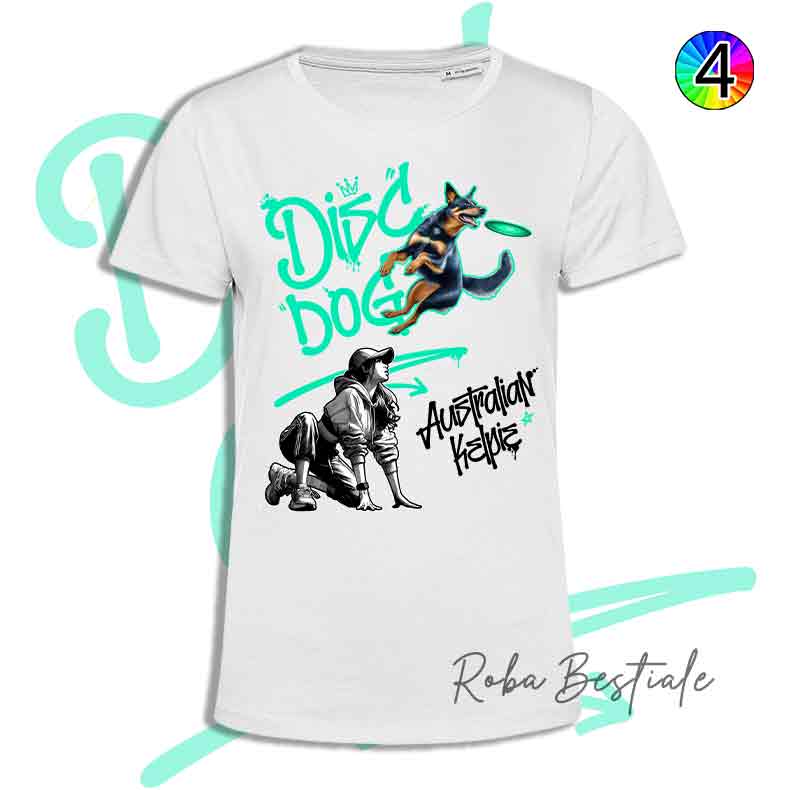 T-Shirt Disc Dog GRAFFITI - AUSTRALIAN KELPIE Black & Tan - Design "GIRL" - Dettagli in 4 colori!