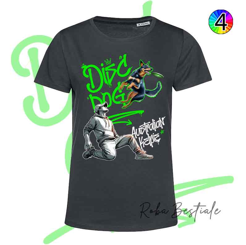 T-Shirt NERA Disc Dog GRAFFITI - AUSTRALIAN KELPIE Black & Tan - Design "BOY" - Dettagli in 4 colori!