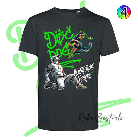 T-Shirt NERA Disc Dog GRAFFITI - AUSTRALIAN KELPIE Black & Tan - Design "BOY" - Dettagli in 4 colori!