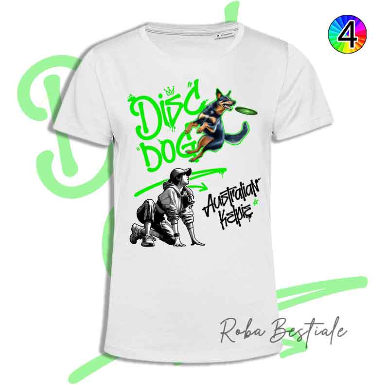 T-Shirt Disc Dog GRAFFITI - AUSTRALIAN KELPIE Black & Tan - Design "GIRL" - Dettagli in 4 colori!