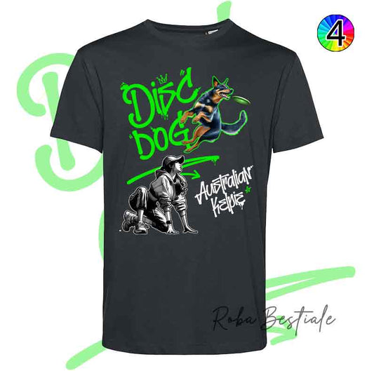 T-Shirt NERA Disc Dog GRAFFITI - AUSTRALIAN KELPIE Black & Tan - Design "GIRL" - Dettagli in 4 colori!