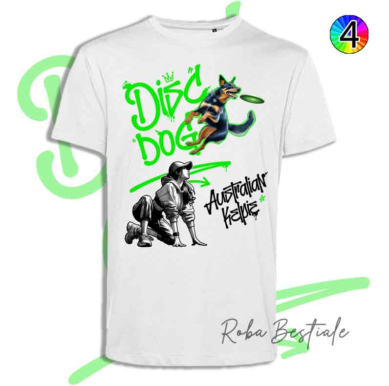 T-Shirt Disc Dog GRAFFITI - AUSTRALIAN KELPIE Black & Tan - Design "GIRL" - Dettagli in 4 colori!