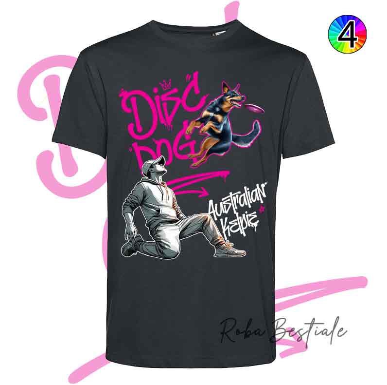T-Shirt NERA Disc Dog GRAFFITI - AUSTRALIAN KELPIE Black & Tan - Design "BOY" - Dettagli in 4 colori!
