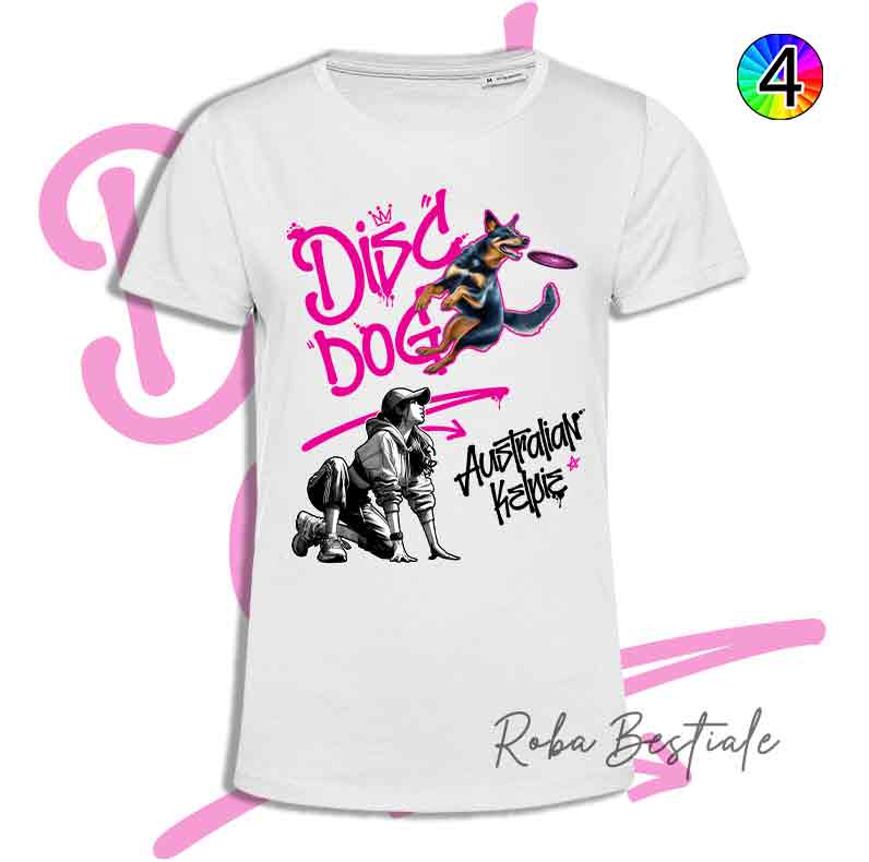 T-Shirt Disc Dog GRAFFITI - AUSTRALIAN KELPIE Black & Tan - Design "GIRL" - Dettagli in 4 colori!