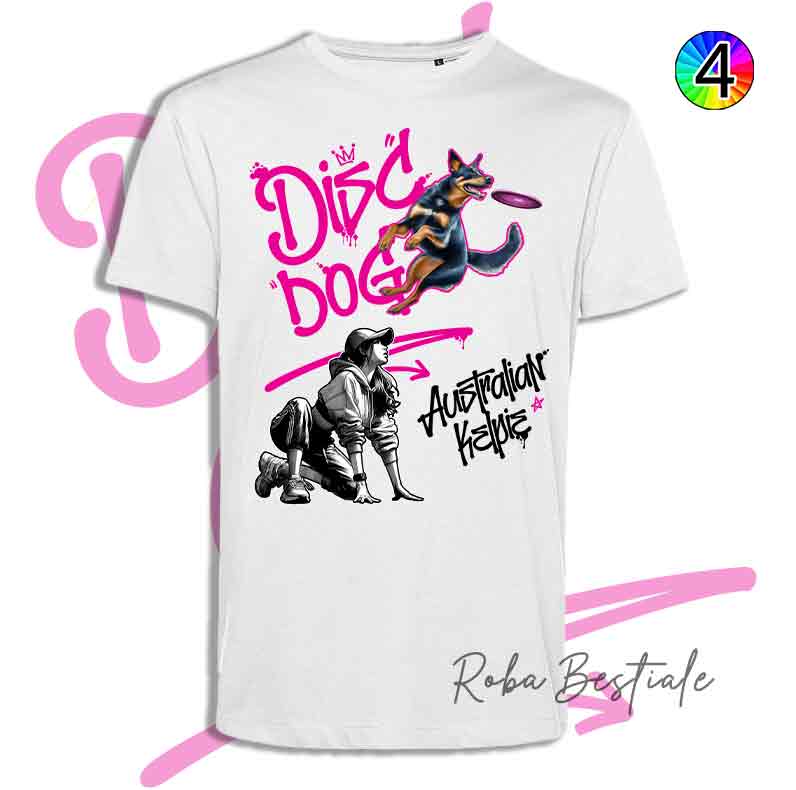 T-Shirt Disc Dog GRAFFITI - AUSTRALIAN KELPIE Black & Tan - Design "GIRL" - Dettagli in 4 colori!