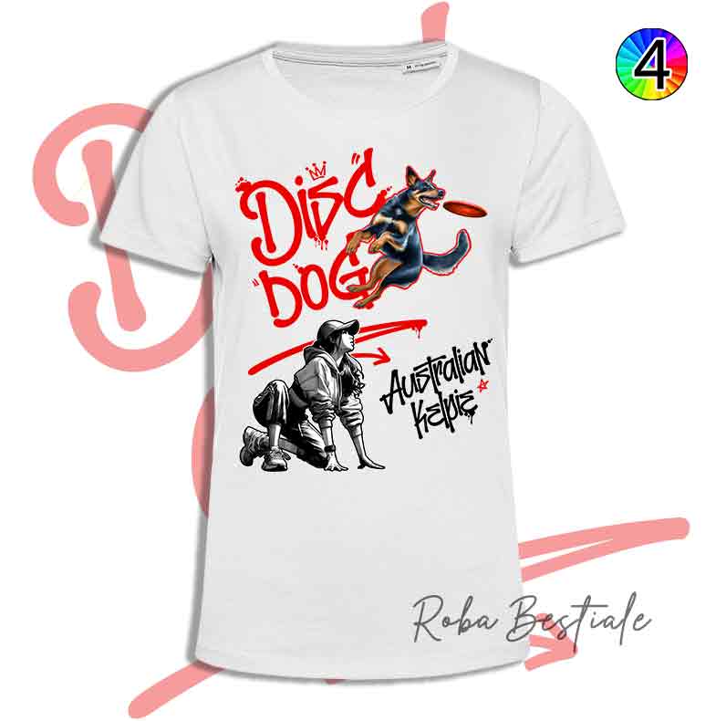 T-Shirt Disc Dog GRAFFITI - AUSTRALIAN KELPIE Black & Tan - Design "GIRL" - Dettagli in 4 colori!