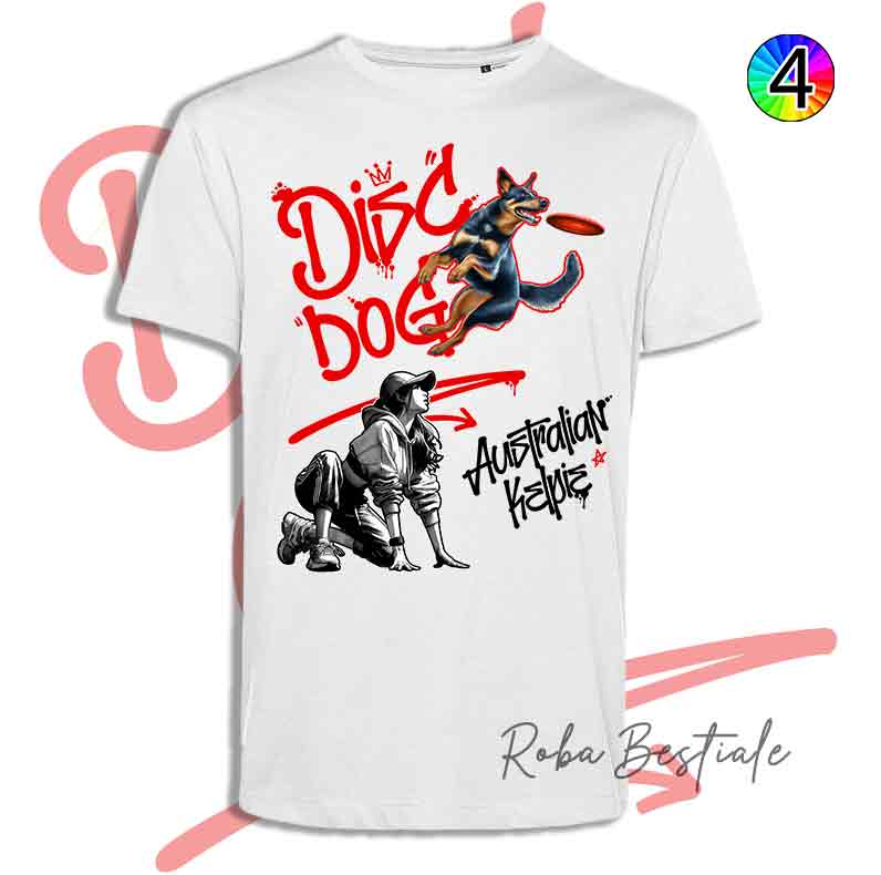 T-Shirt Disc Dog GRAFFITI - AUSTRALIAN KELPIE Black & Tan - Design "GIRL" - Dettagli in 4 colori!