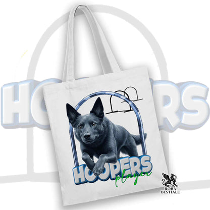 Tote bag in cotone bianca con stampa cane HOOPERS Player blu e manici lunghi