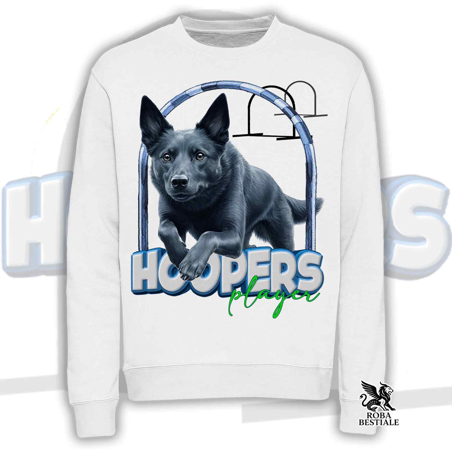 Felpa HOOPERS Player - AUSTRALIAN KELPIE Blu Cenere - Girocollo, Unisex - Bianca o Beige - dalla XS alla 3XL