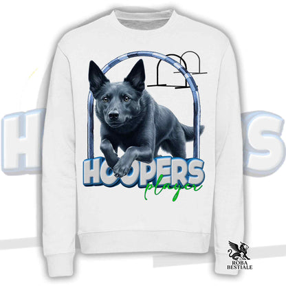 Felpa bianca girocollo unisex con stampa frontale cane nero e scritta HOOPERS Player