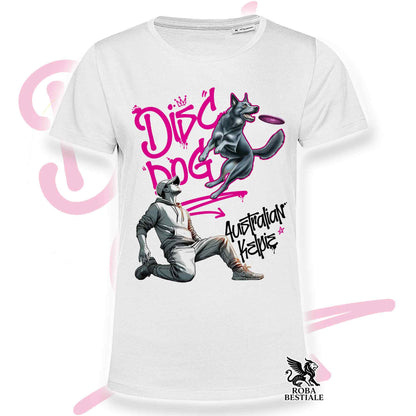 T-Shirt DISC DOG Graffiti "BOY" - AUSTRALIAN KELPIE Blu Cenere - Bianca, colore dettagli a scelta - dalla XS alla 5XL