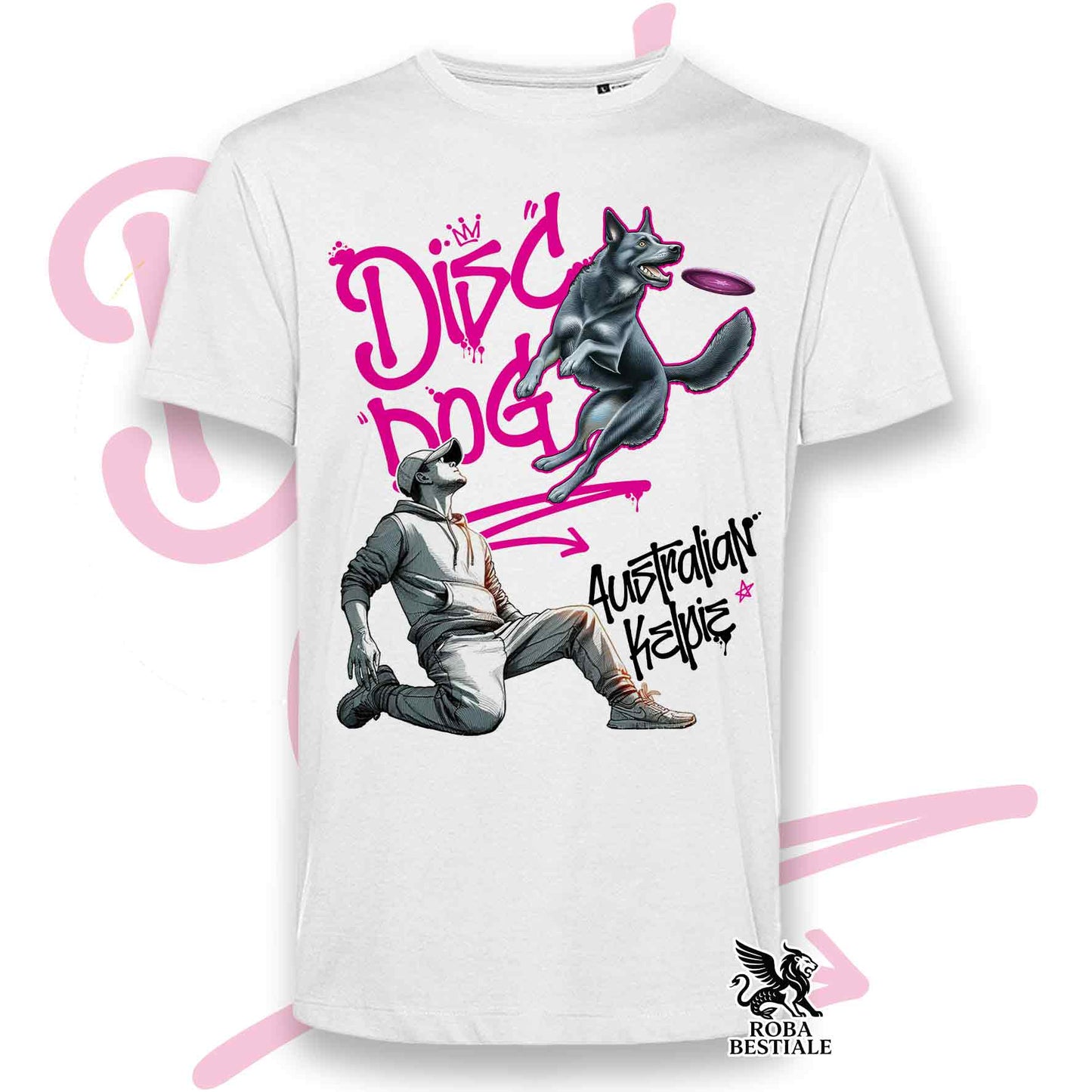 T-Shirt DISC DOG Graffiti "BOY" - AUSTRALIAN KELPIE Blu Cenere - Bianca, colore dettagli a scelta - dalla XS alla 5XL