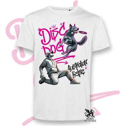 T-Shirt DISC DOG Graffiti "BOY" - AUSTRALIAN KELPIE Blu Cenere - Bianca, colore dettagli a scelta - dalla XS alla 5XL