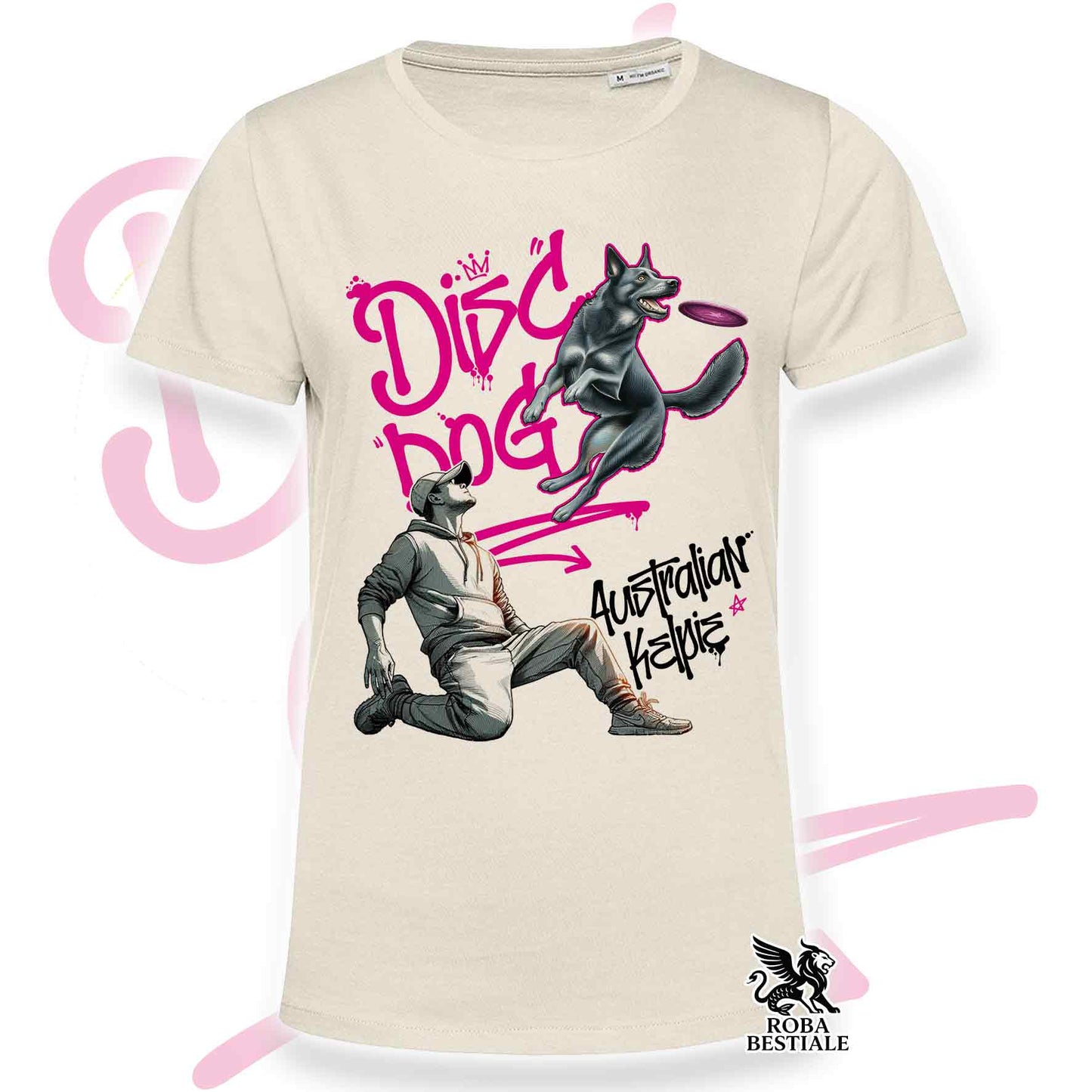 T-Shirt DISC DOG Graffiti "BOY" - AUSTRALIAN KELPIE Blu Cenere - Off White, colore dettagli a scelta - dalla XS alla 2XL