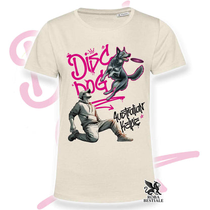 T-Shirt DISC DOG Graffiti "BOY" - AUSTRALIAN KELPIE Blu Cenere - Off White, colore dettagli a scelta - dalla XS alla 2XL
