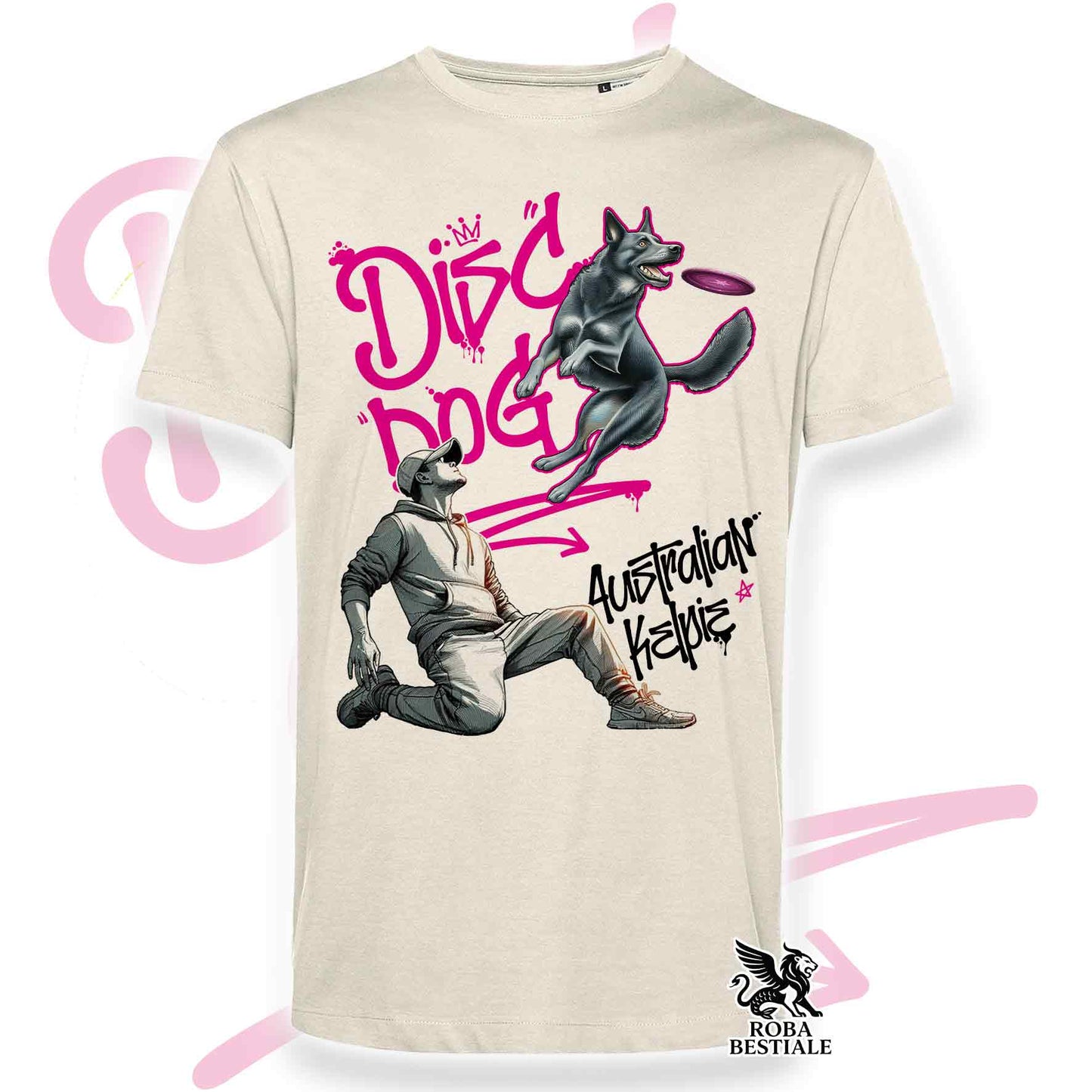 T-Shirt DISC DOG Graffiti "BOY" - AUSTRALIAN KELPIE Blu Cenere - Off White, colore dettagli a scelta - dalla XS alla 2XL