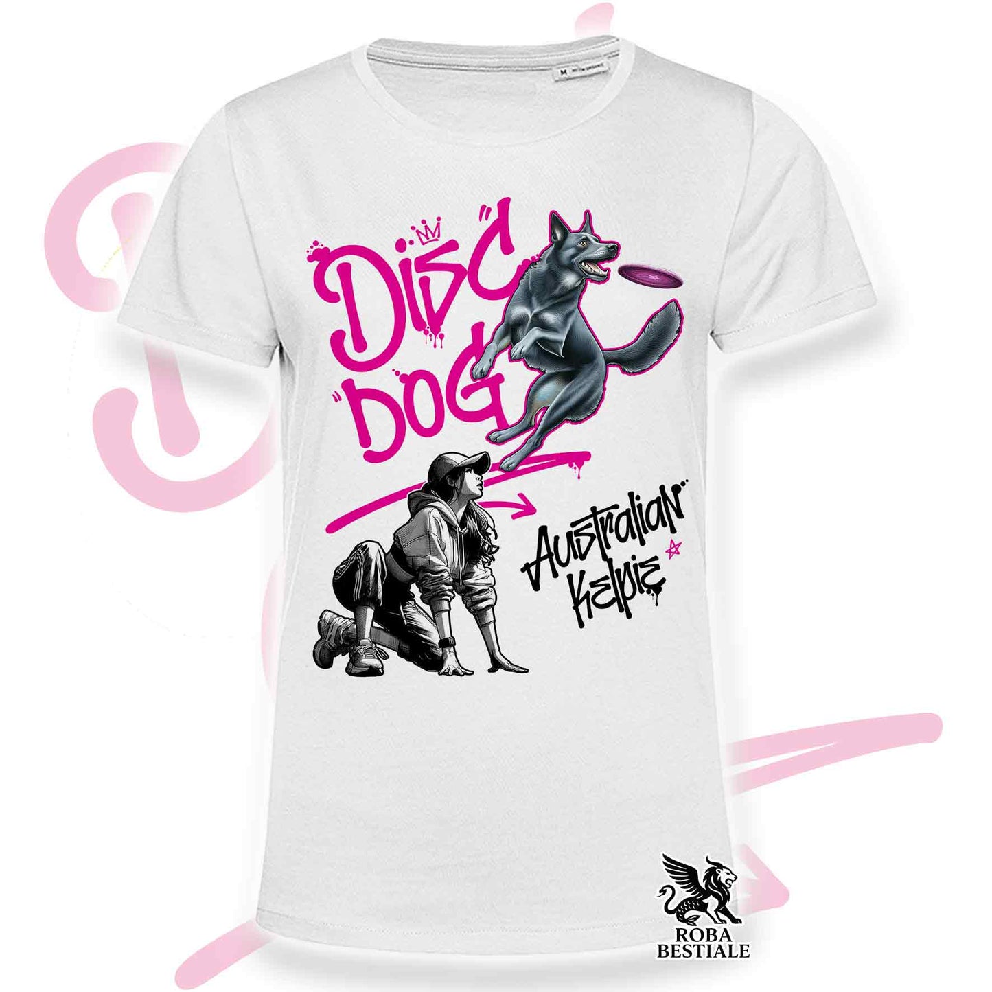 T-Shirt DISC DOG Graffiti "GIRL" - AUSTRALIAN KELPIE Blu Cenere - Bianca, colore dettagli a scelta - dalla XS alla 5XL