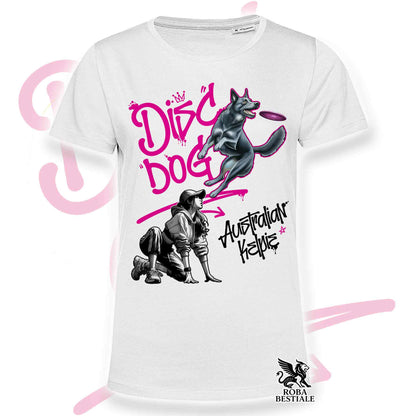 T-Shirt DISC DOG Graffiti "GIRL" - AUSTRALIAN KELPIE Blu Cenere - Bianca, colore dettagli a scelta - dalla XS alla 5XL