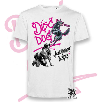 T-Shirt DISC DOG Graffiti "GIRL" - AUSTRALIAN KELPIE Blu Cenere - Bianca, colore dettagli a scelta - dalla XS alla 5XL