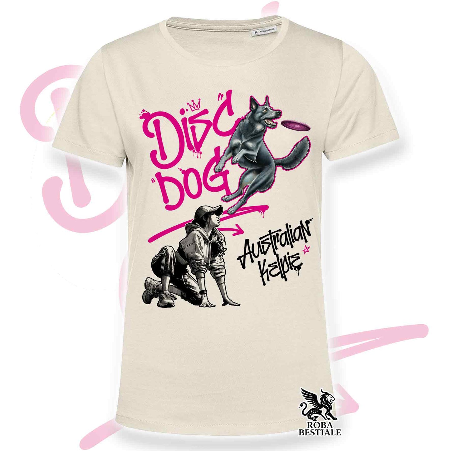 T-Shirt DISC DOG Graffiti "GIRL" - AUSTRALIAN KELPIE Blu Cenere - Off White, colore dettagli a scelta - dalla XS alla 2XL