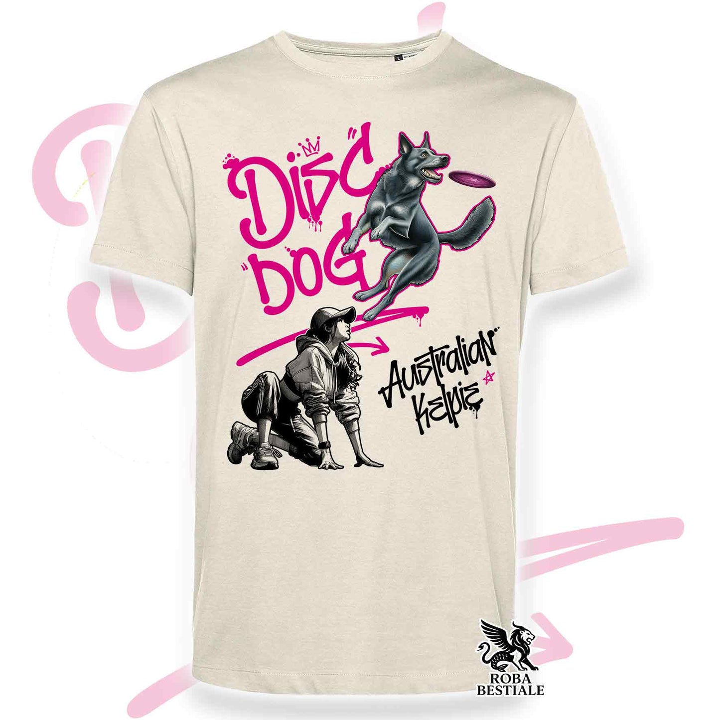 T-Shirt DISC DOG Graffiti "GIRL" - AUSTRALIAN KELPIE Blu Cenere - Off White, colore dettagli a scelta - dalla XS alla 2XL