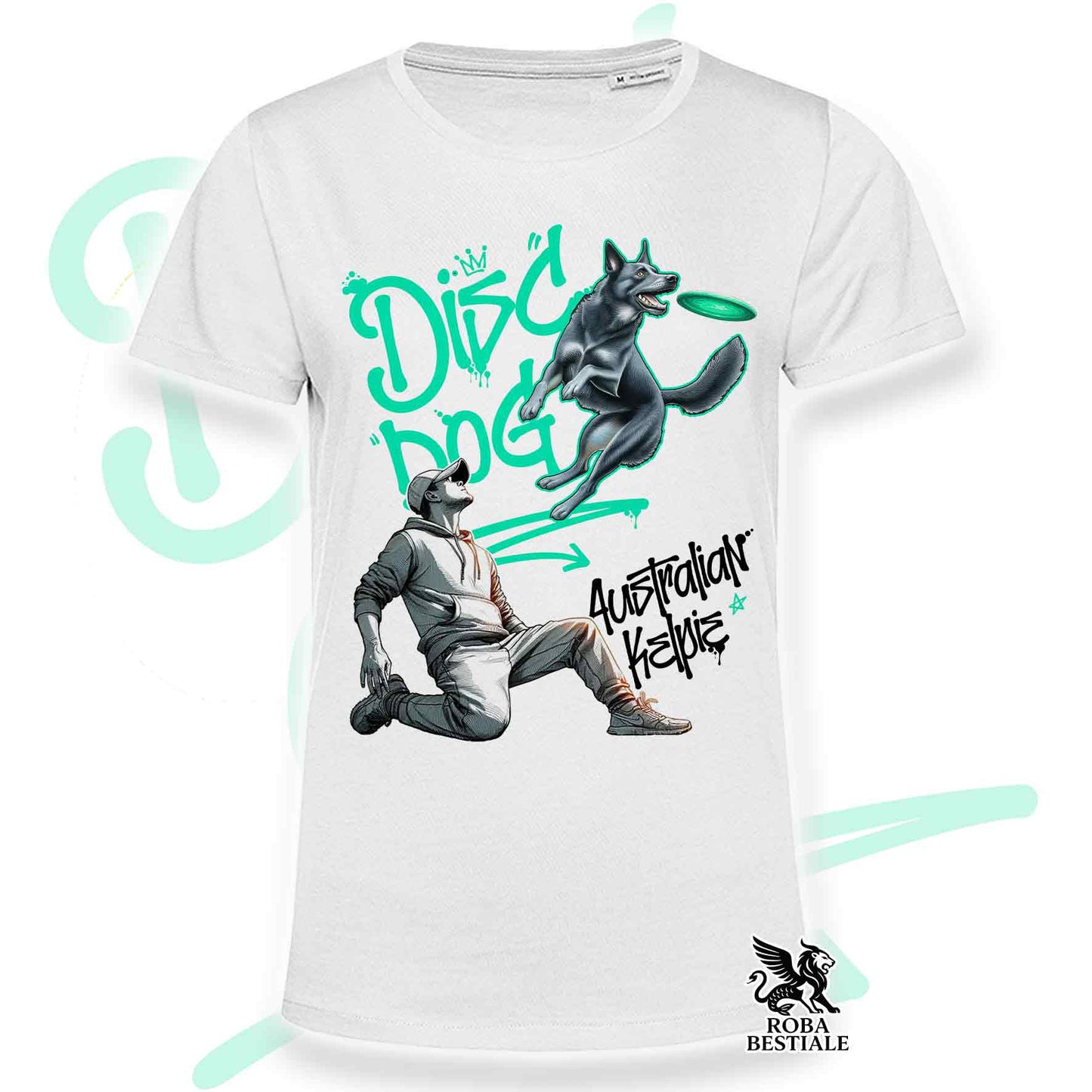 T-Shirt DISC DOG Graffiti "BOY" - AUSTRALIAN KELPIE Blu Cenere - Bianca, colore dettagli a scelta - dalla XS alla 5XL