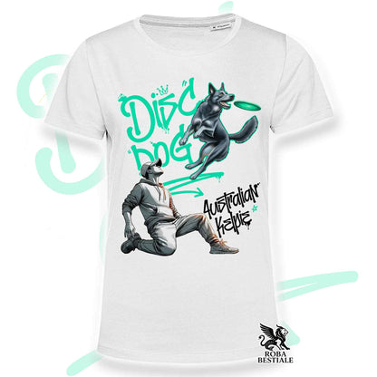 T-Shirt DISC DOG Graffiti "BOY" - AUSTRALIAN KELPIE Blu Cenere - Bianca, colore dettagli a scelta - dalla XS alla 5XL
