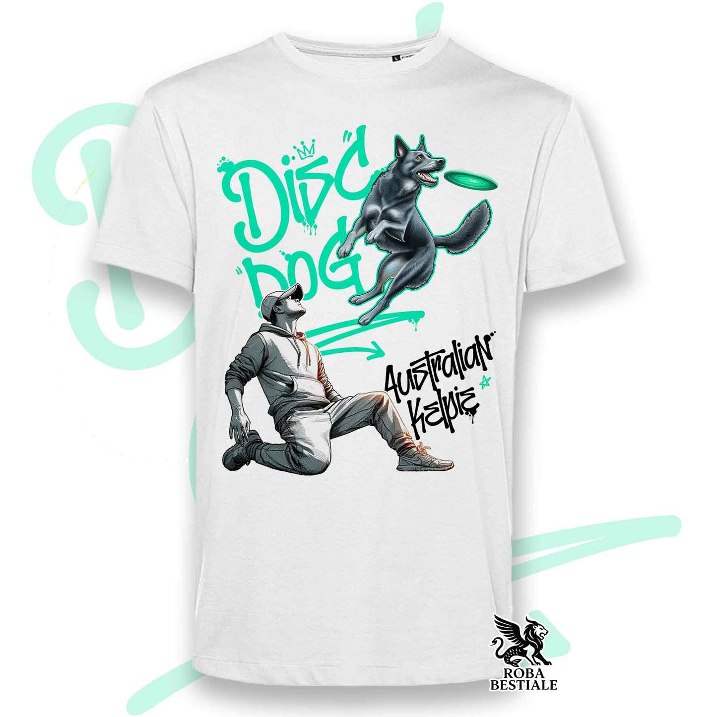 T-Shirt DISC DOG Graffiti "BOY" - AUSTRALIAN KELPIE Blu Cenere - Bianca, colore dettagli a scelta - dalla XS alla 5XL