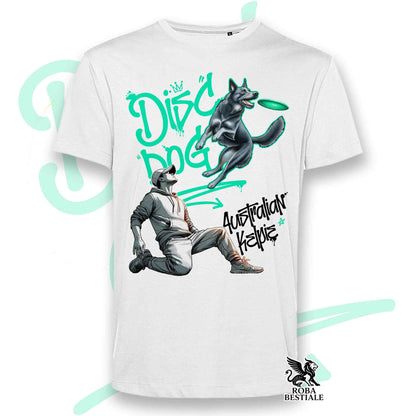 T-Shirt DISC DOG Graffiti "BOY" - AUSTRALIAN KELPIE Blu Cenere - Bianca, colore dettagli a scelta - dalla XS alla 5XL
