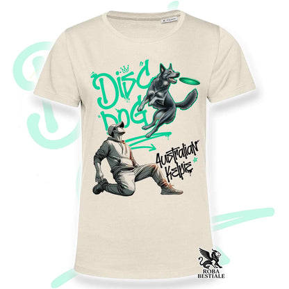 T-Shirt DISC DOG Graffiti "BOY" - AUSTRALIAN KELPIE Blu Cenere - Off White, colore dettagli a scelta - dalla XS alla 2XL