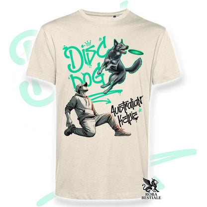 T-Shirt DISC DOG Graffiti "BOY" - AUSTRALIAN KELPIE Blu Cenere - Off White, colore dettagli a scelta - dalla XS alla 2XL
