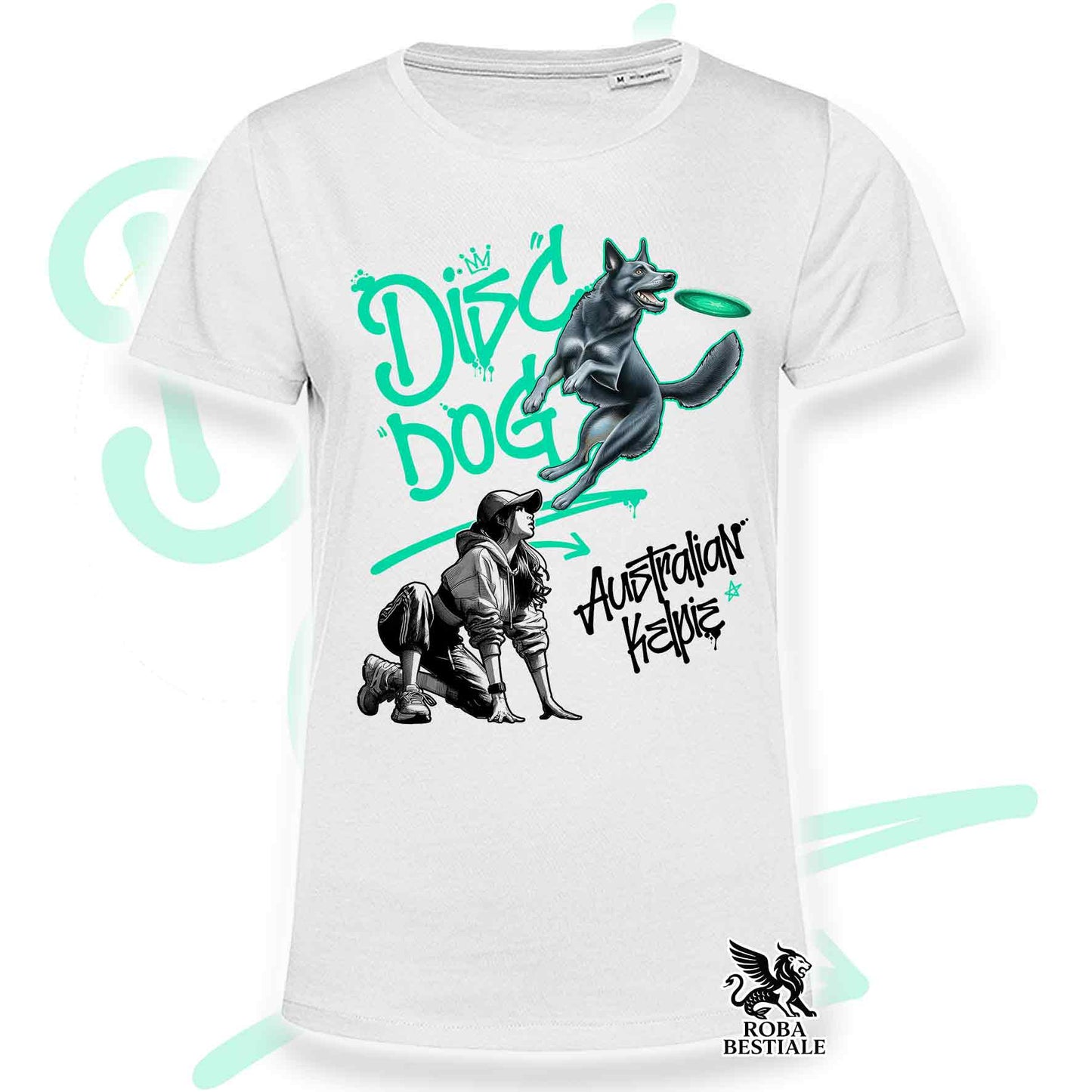 T-Shirt DISC DOG Graffiti "GIRL" - AUSTRALIAN KELPIE Blu Cenere - Bianca, colore dettagli a scelta - dalla XS alla 5XL