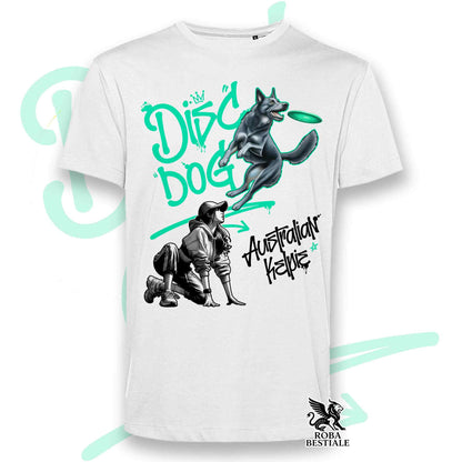 T-Shirt DISC DOG Graffiti "GIRL" - AUSTRALIAN KELPIE Blu Cenere - Bianca, colore dettagli a scelta - dalla XS alla 5XL