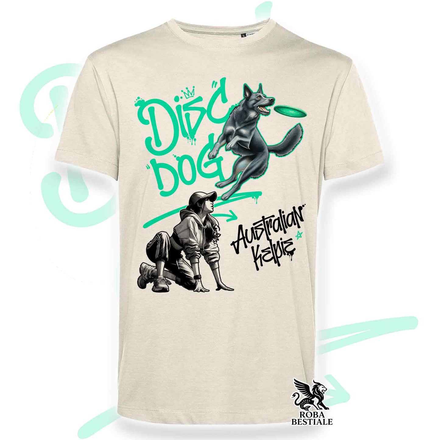 T-Shirt DISC DOG Graffiti "GIRL" - AUSTRALIAN KELPIE Blu Cenere - Off White, colore dettagli a scelta - dalla XS alla 2XL