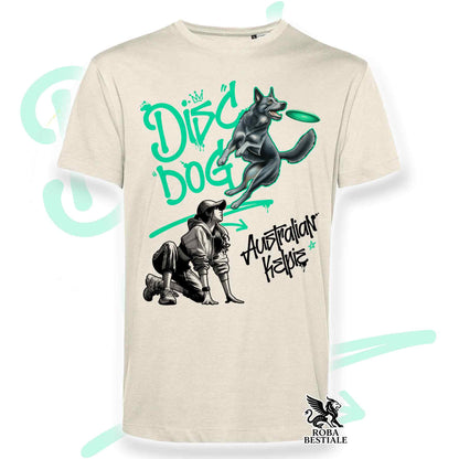 T-Shirt DISC DOG Graffiti "GIRL" - AUSTRALIAN KELPIE Blu Cenere - Off White, colore dettagli a scelta - dalla XS alla 2XL