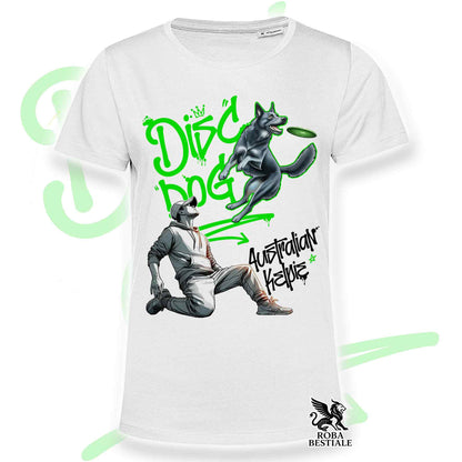 T-Shirt DISC DOG Graffiti "BOY" - AUSTRALIAN KELPIE Blu Cenere - Bianca, colore dettagli a scelta - dalla XS alla 5XL