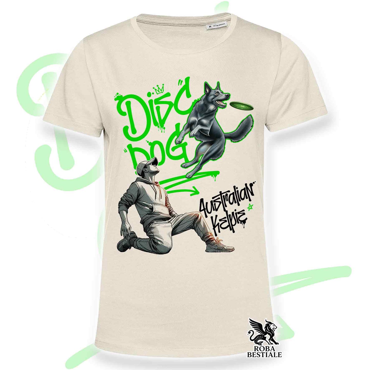 T-Shirt DISC DOG Graffiti "BOY" - AUSTRALIAN KELPIE Blu Cenere - Off White, colore dettagli a scelta - dalla XS alla 2XL