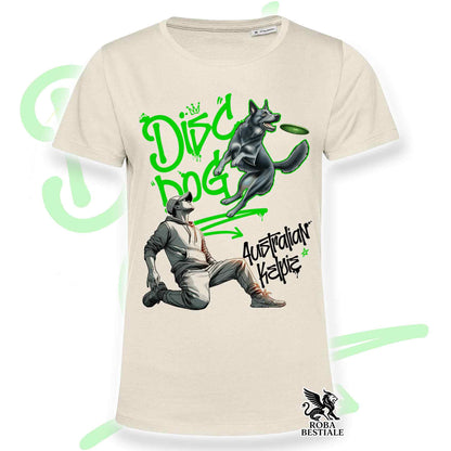 T-Shirt DISC DOG Graffiti "BOY" - AUSTRALIAN KELPIE Blu Cenere - Off White, colore dettagli a scelta - dalla XS alla 2XL