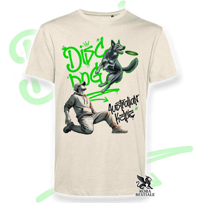T-Shirt DISC DOG Graffiti "BOY" - AUSTRALIAN KELPIE Blu Cenere - Off White, colore dettagli a scelta - dalla XS alla 2XL