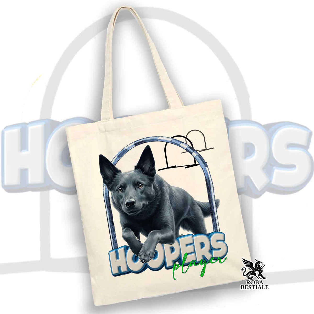 Tote bag in cotone beige con stampa cane HOOPERS Player blu e manici lunghi