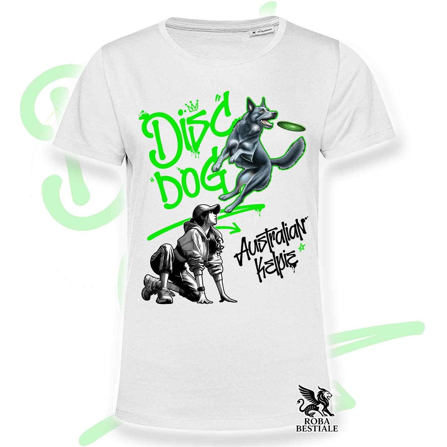 T-Shirt DISC DOG Graffiti "GIRL" - AUSTRALIAN KELPIE Blu Cenere - Bianca, colore dettagli a scelta - dalla XS alla 5XL