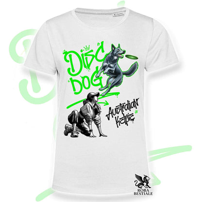 T-Shirt DISC DOG Graffiti "GIRL" - AUSTRALIAN KELPIE Blu Cenere - Bianca, colore dettagli a scelta - dalla XS alla 5XL