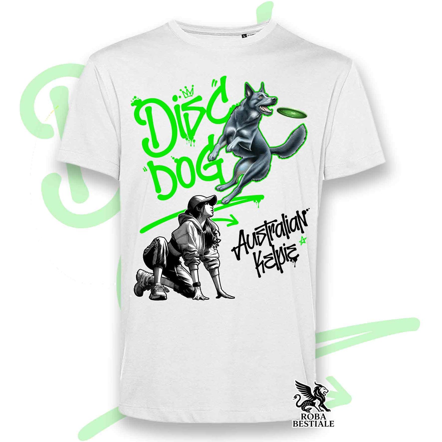 T-Shirt DISC DOG Graffiti "GIRL" - AUSTRALIAN KELPIE Blu Cenere - Bianca, colore dettagli a scelta - dalla XS alla 5XL