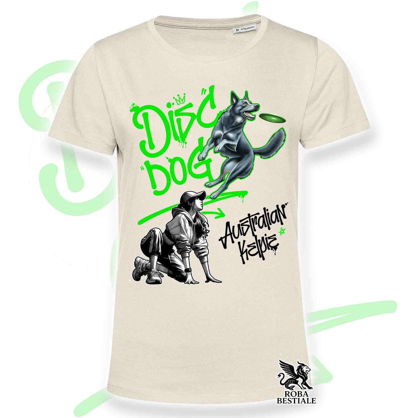 T-Shirt DISC DOG Graffiti "GIRL" - AUSTRALIAN KELPIE Blu Cenere - Off White, colore dettagli a scelta - dalla XS alla 2XL