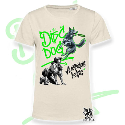 T-Shirt DISC DOG Graffiti "GIRL" - AUSTRALIAN KELPIE Blu Cenere - Off White, colore dettagli a scelta - dalla XS alla 2XL